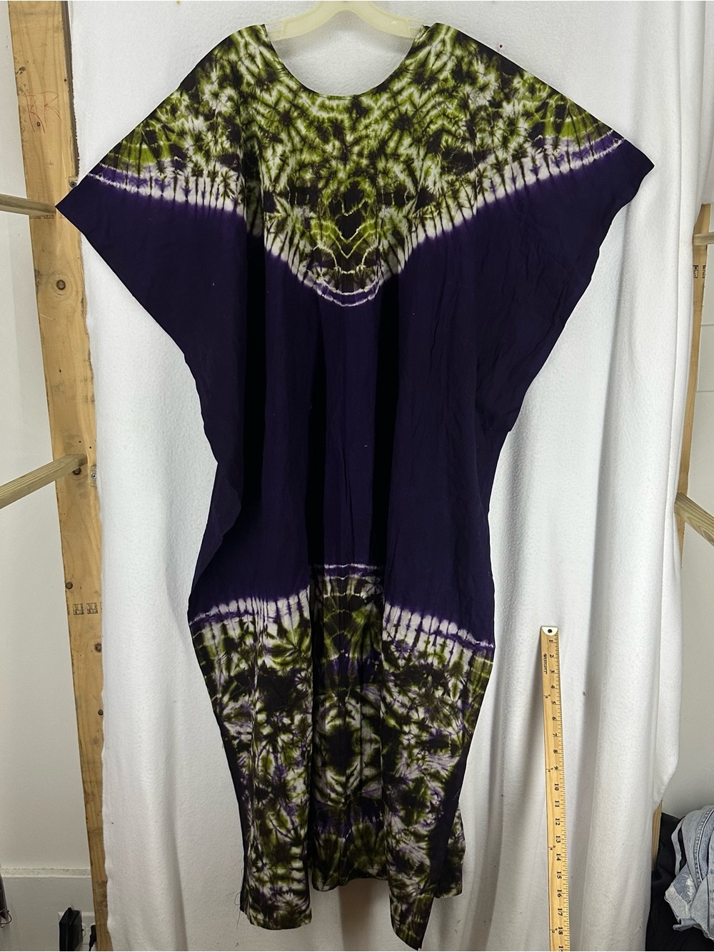 Handmade Tie Dye Caftan Dress Purple Green One Size Boho Festival Beach Cover Up